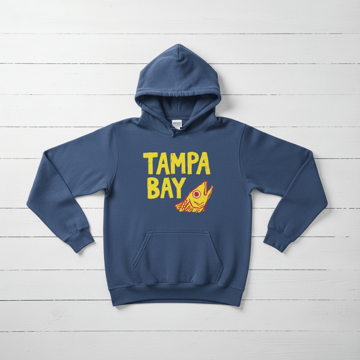 Denim blue Tampa Bay hoodie front flat lay, retake