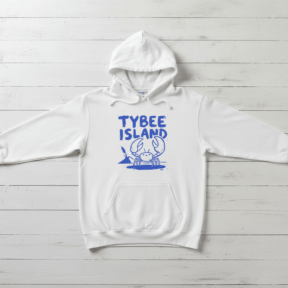 White Tybee Island crab hoodie front flat lay on whitewashed boards