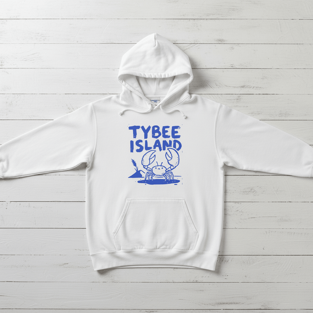 White Tybee Island crab hoodie front flat lay on whitewashed boards