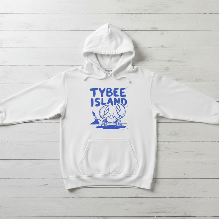 White Tybee Island crab hoodie front flat lay on whitewashed boards