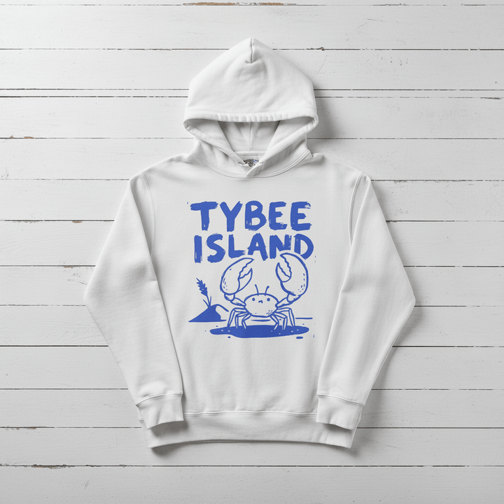 White Tybee Island crab hoodie back flat lay on whitewashed boards