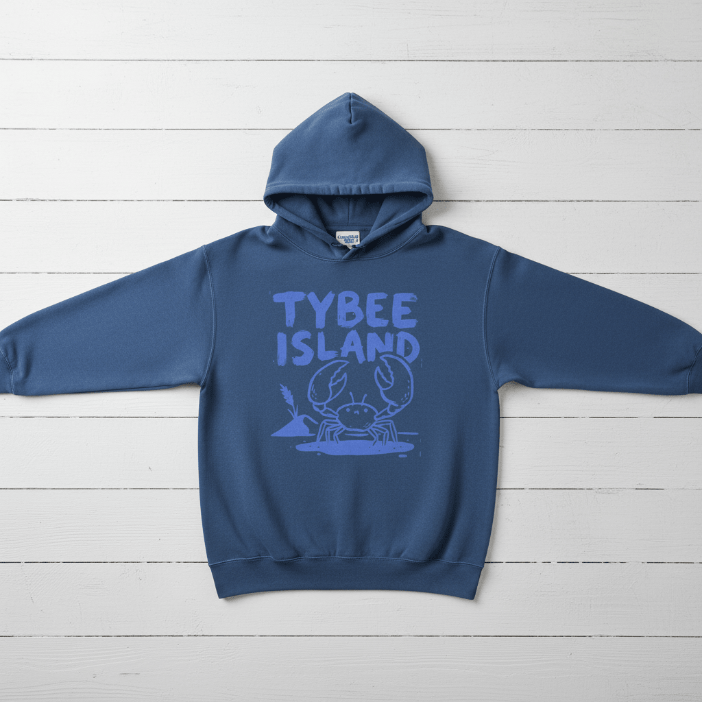 True Navy Tybee Island crab hoodie back flat lay on whitewashed boards
