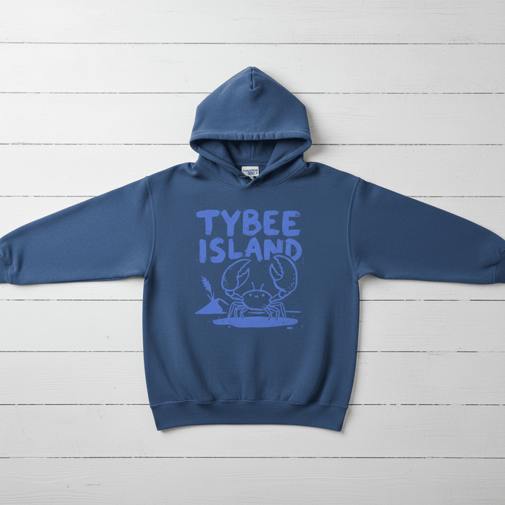 True Navy Tybee Island crab hoodie back flat lay on whitewashed boards