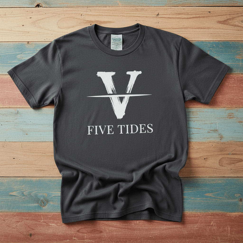 Flat lay - charcoal Five Tides V tee with Comfort Colors label on weathered driftwood planks