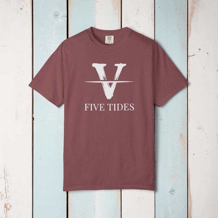 Brown t-shirt with camouflage text design on a white background