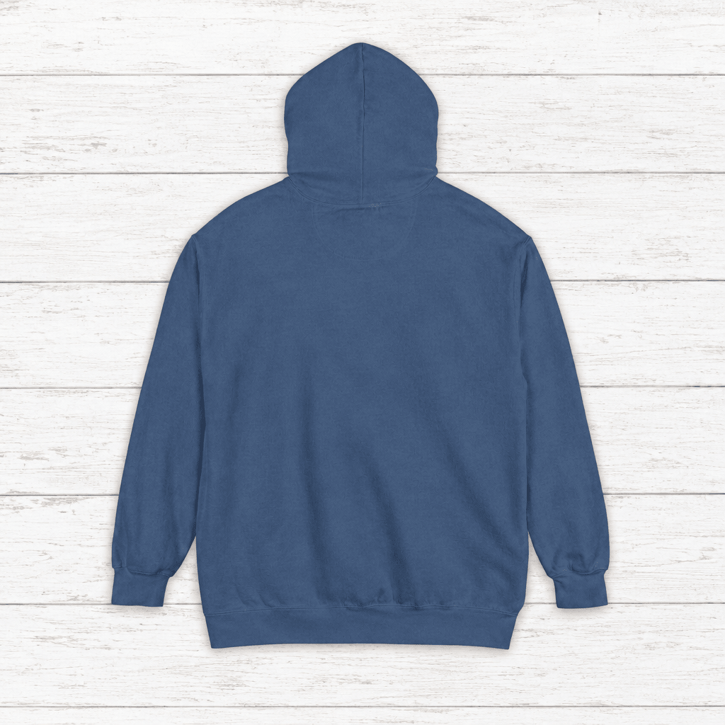 Virginia Oyster Tavern hoodie flat lay on whitewashed boards