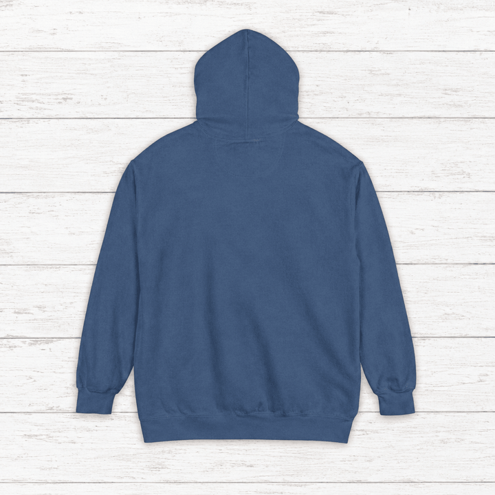 Virginia Oyster Tavern hoodie flat lay on whitewashed boards