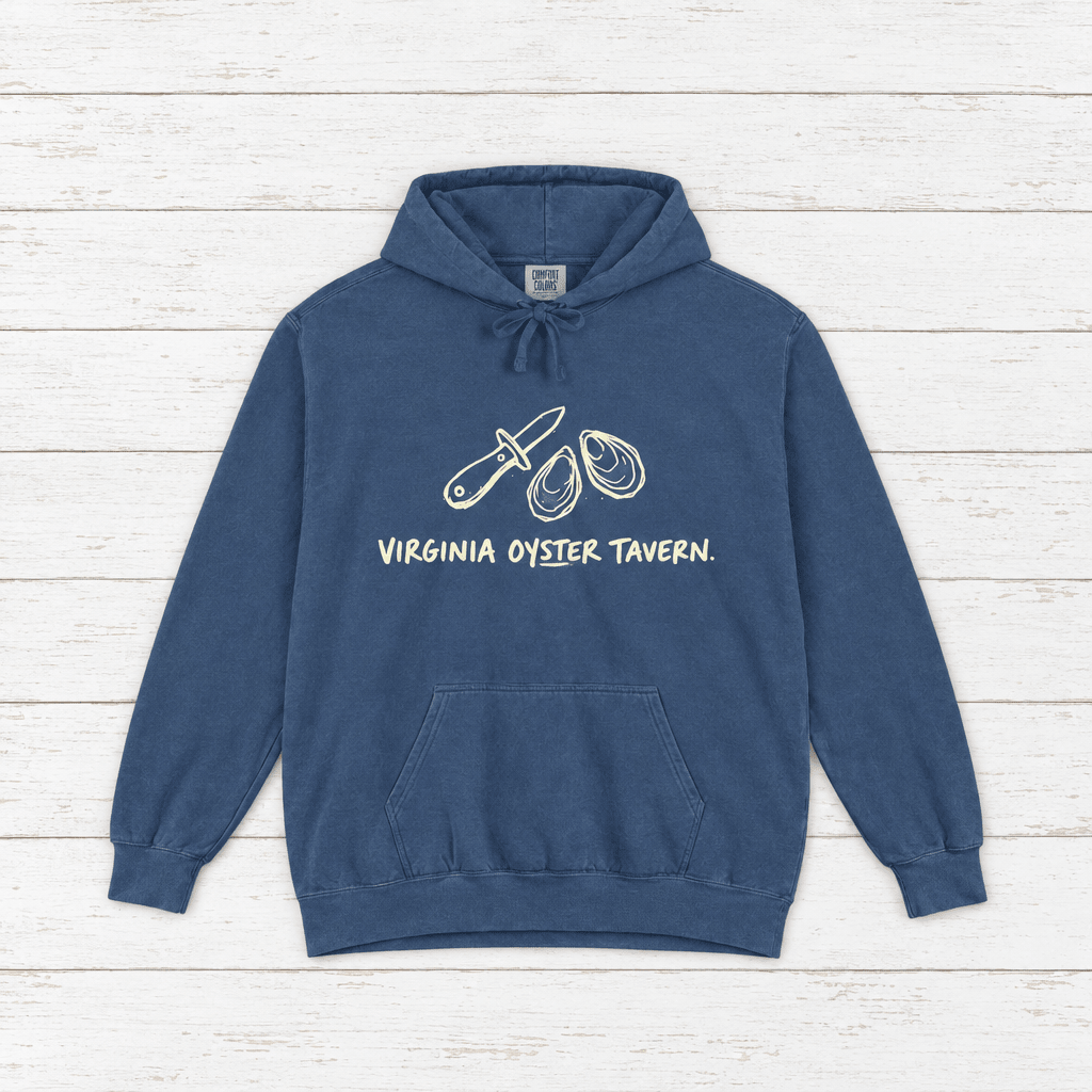 Virginia Oyster Tavern hoodie flat lay on whitewashed boards