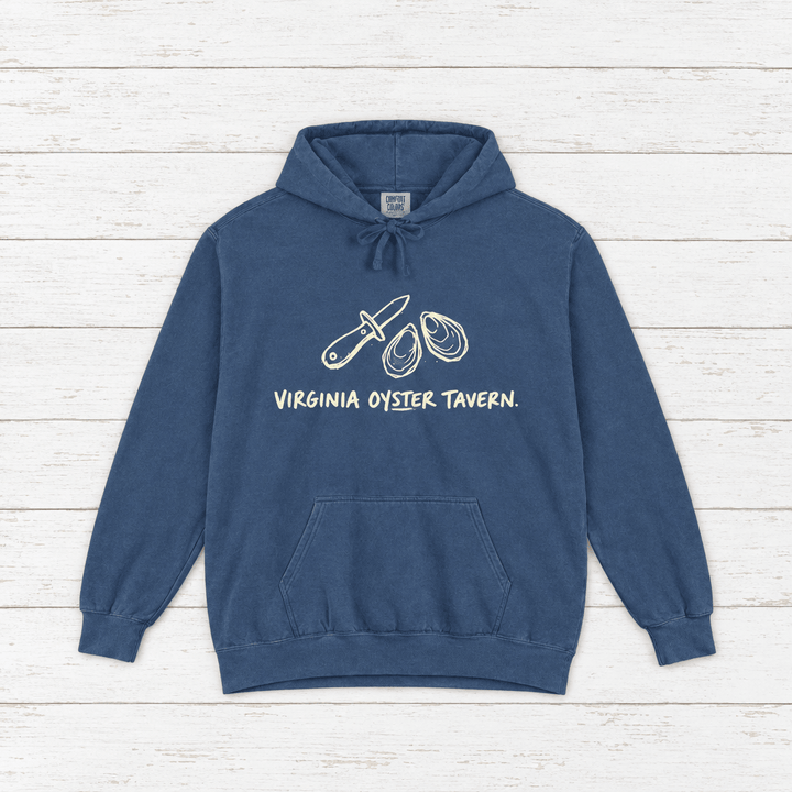 Virginia Oyster Tavern hoodie flat lay on whitewashed boards