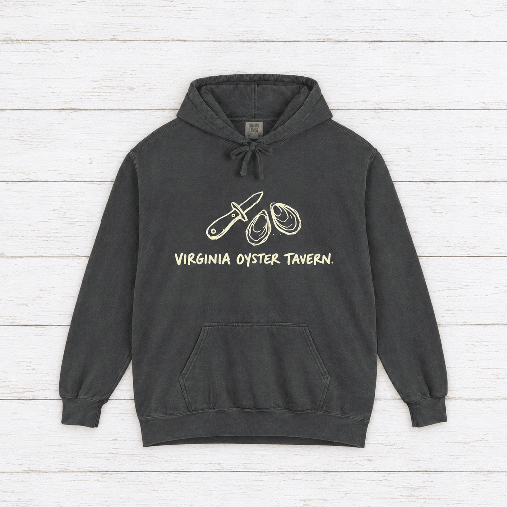 Virginia Oyster Tavern hoodie flat lay on whitewashed boards