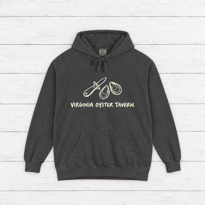Virginia Oyster Tavern hoodie flat lay on whitewashed boards