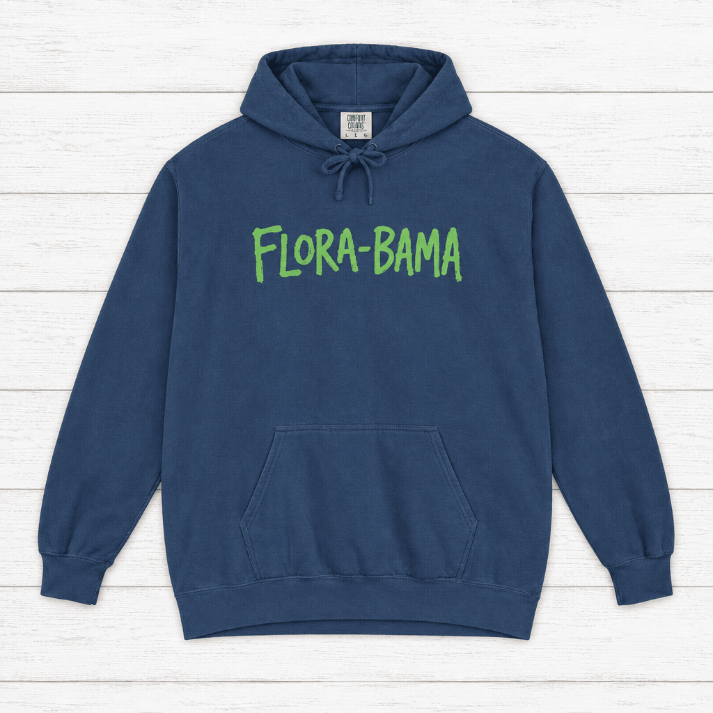 True Navy Flora-Bama hoodie front with green lettering — graphic pullover by Five Tides Apparel