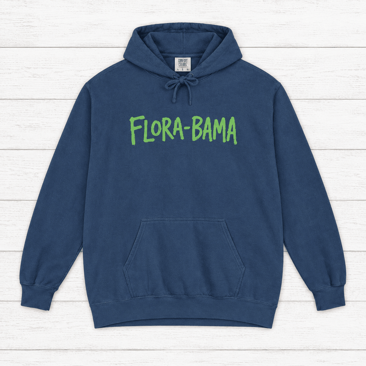 True Navy Flora-Bama hoodie front with green lettering — graphic pullover by Five Tides Apparel