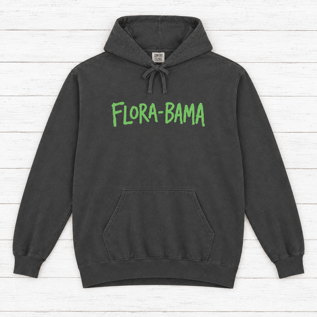 Pepper Flora-Bama hoodie front with green lettering — graphic pullover by Five Tides Apparel