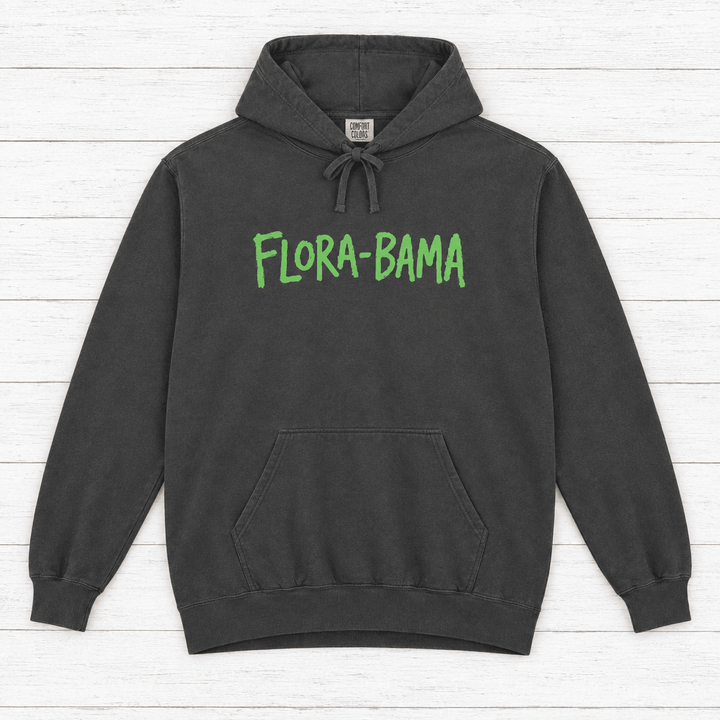 Pepper Flora-Bama hoodie front with green lettering — graphic pullover by Five Tides Apparel