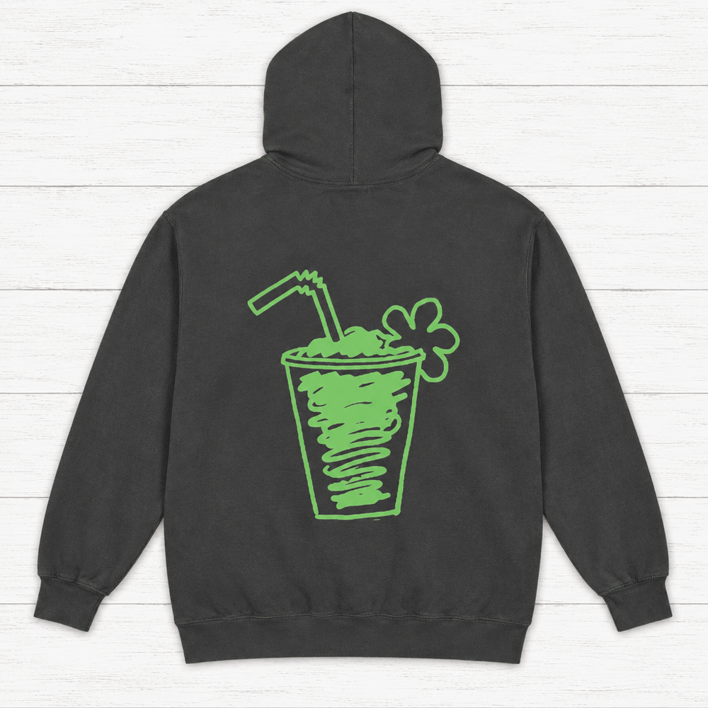 Pepper Flora-Bama hoodie back with green cocktail illustration — graphic pullover by Five Tides Apparel