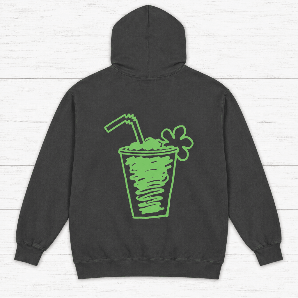 Pepper Flora-Bama hoodie back with green cocktail illustration — graphic pullover by Five Tides Apparel