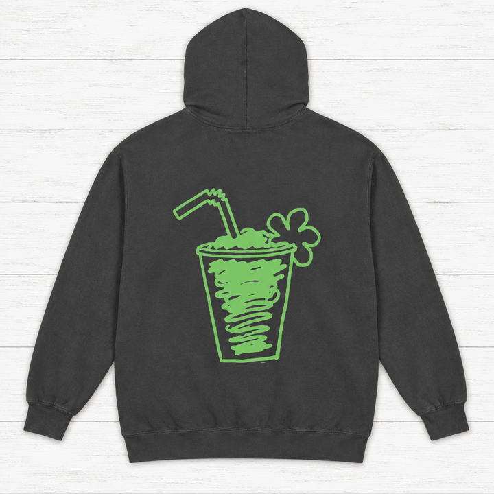 Pepper Flora-Bama hoodie back with green cocktail illustration — graphic pullover by Five Tides Apparel