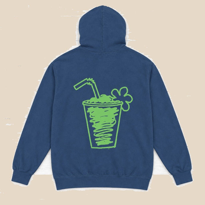 True Navy Flora-Bama hoodie back with green cocktail illustration — graphic pullover by Five Tides Apparel