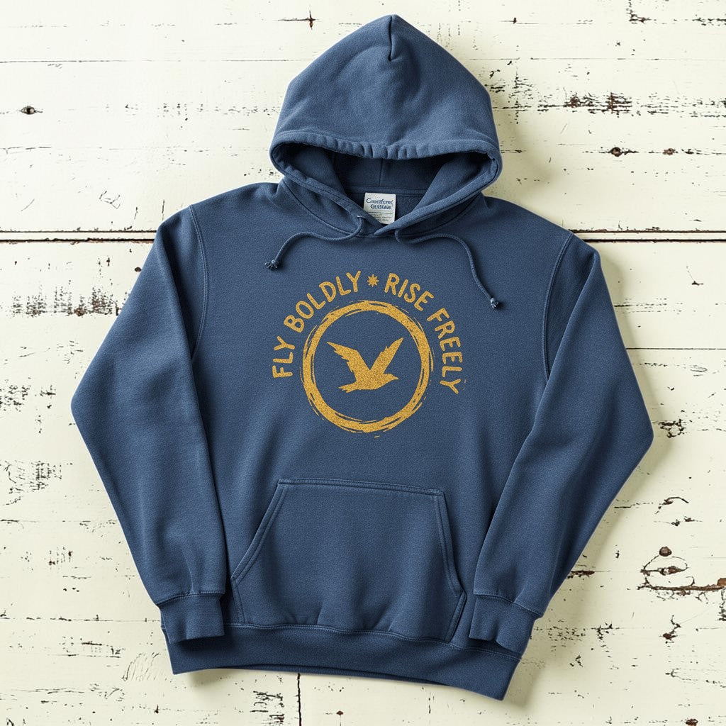 Denim blue Fly Boldly Rise Freely hoodie flat lay on weathered driftwood planks