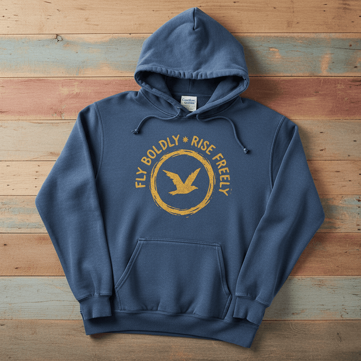 Denim blue Fly Boldly Rise Freely hoodie flat lay on weathered driftwood planks