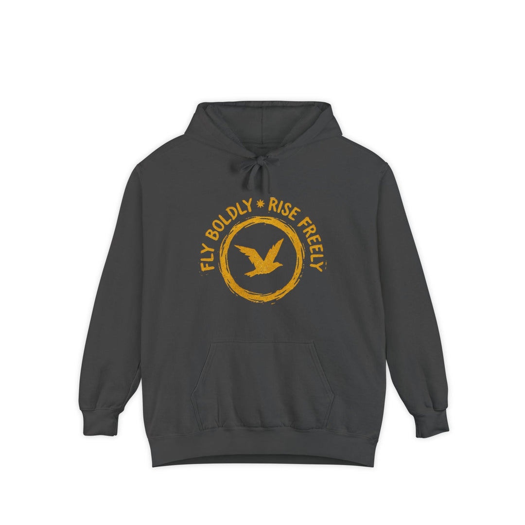 Dark gray hoodie with yellow text and bird graphic on a white background