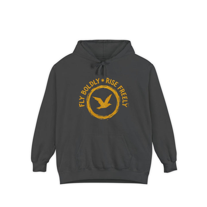 Dark gray hoodie with yellow text and bird graphic on a white background