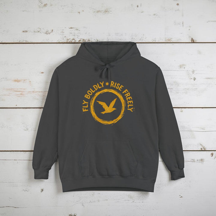 Dark gray hoodie with yellow text and bird graphic on a white background