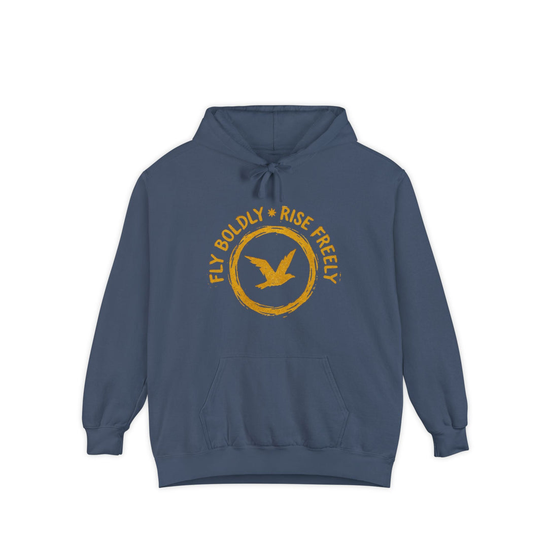 Blue hoodie with yellow text and bird graphic on a white background