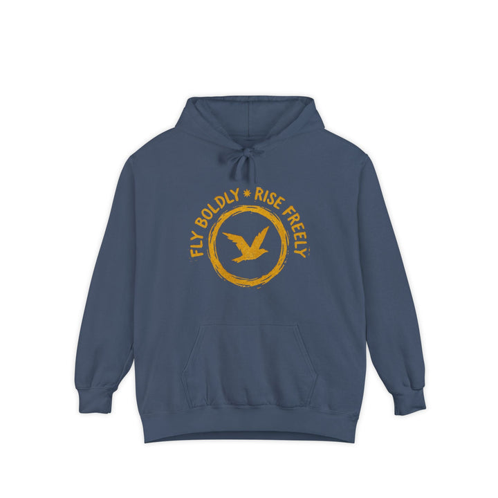 Blue hoodie with yellow text and bird graphic on a white background