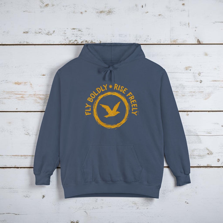 Blue hoodie with yellow text and bird graphic on a white background