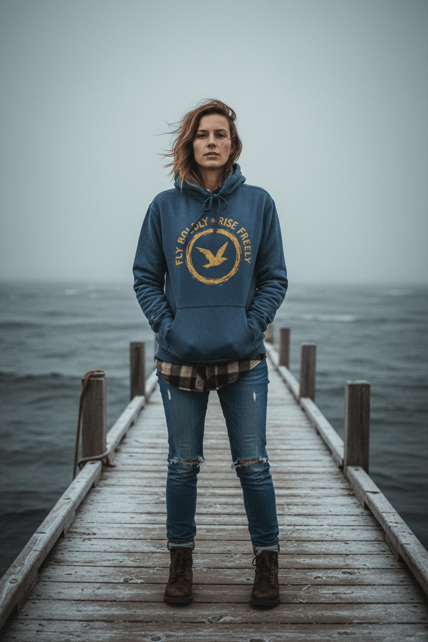 Female model wearing denim blue Fly Boldly hoodie on Maine coastal dock in winter