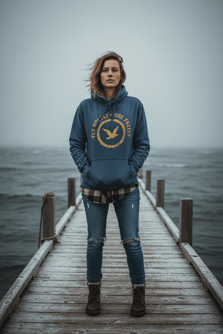 Female model wearing denim blue Fly Boldly hoodie on Maine coastal dock in winter