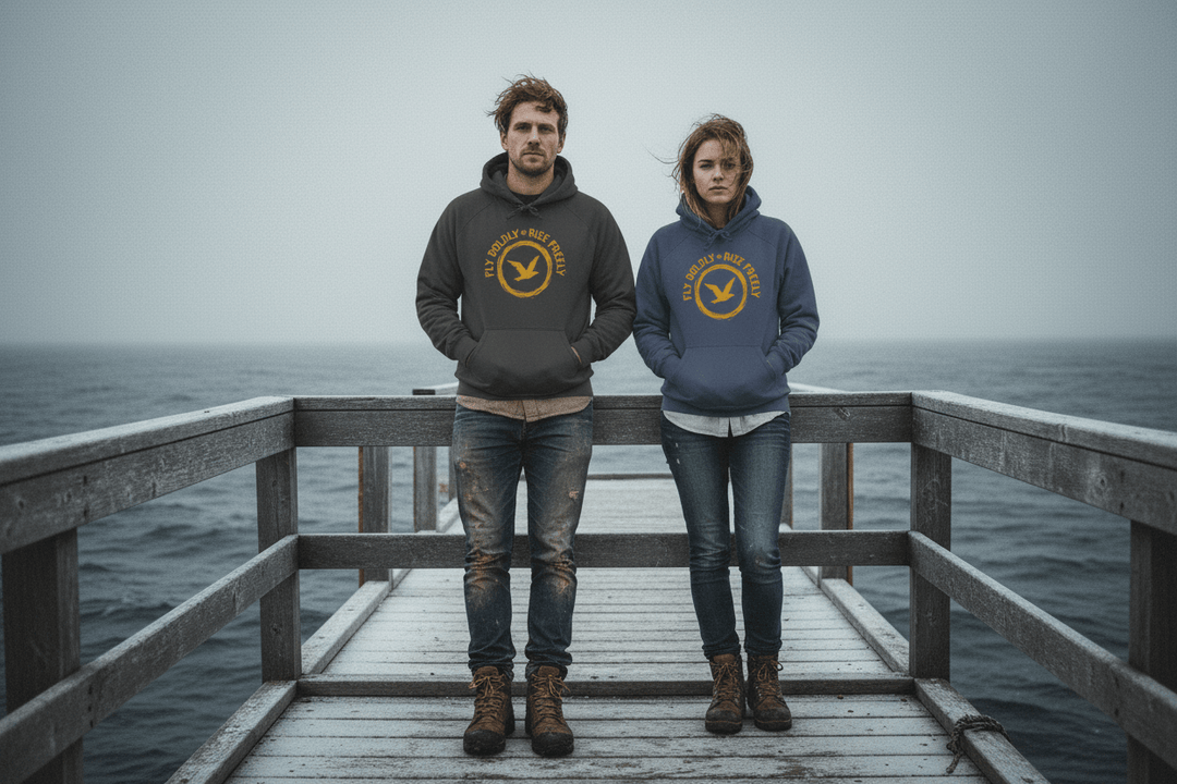 Couple wearing Fly Boldly hoodies in charcoal and denim on Maine coastal dock in winter