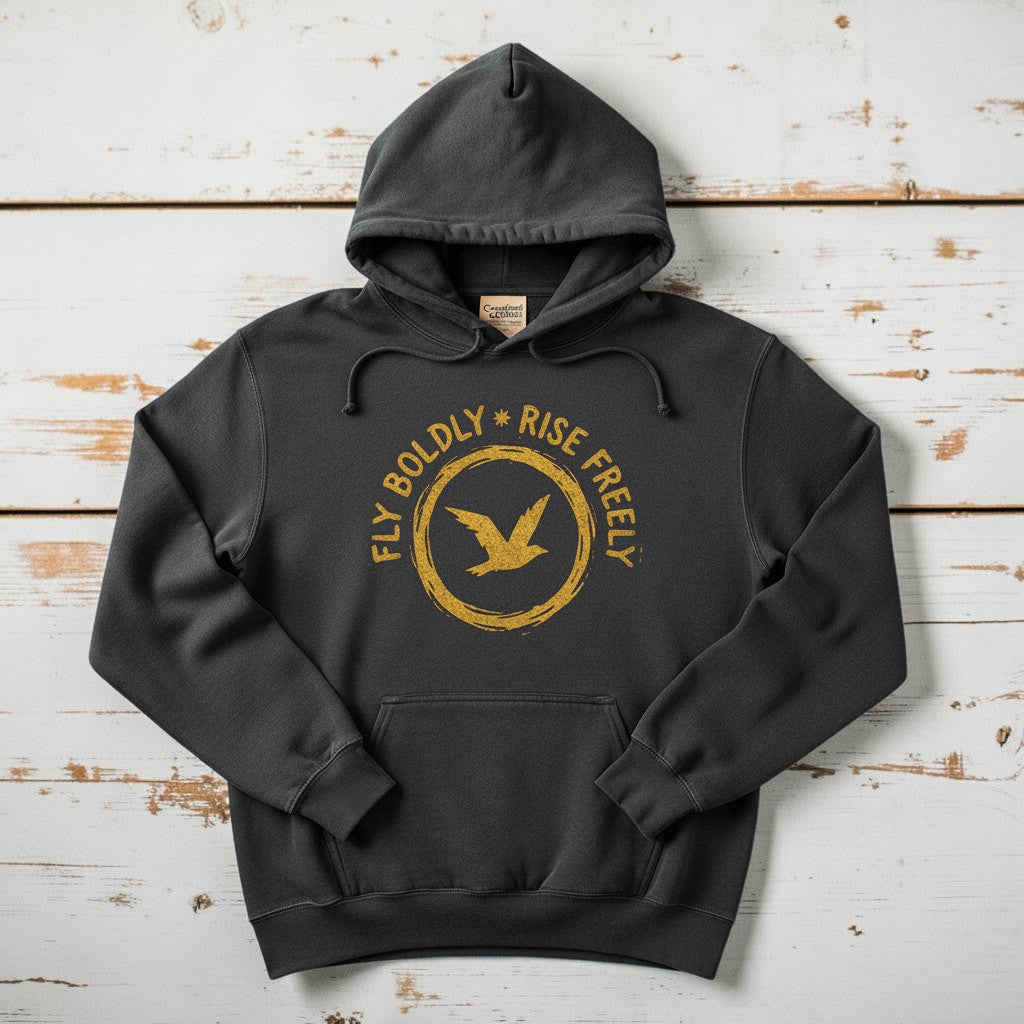 Charcoal Fly Boldly Rise Freely hoodie flat lay on weathered driftwood planks