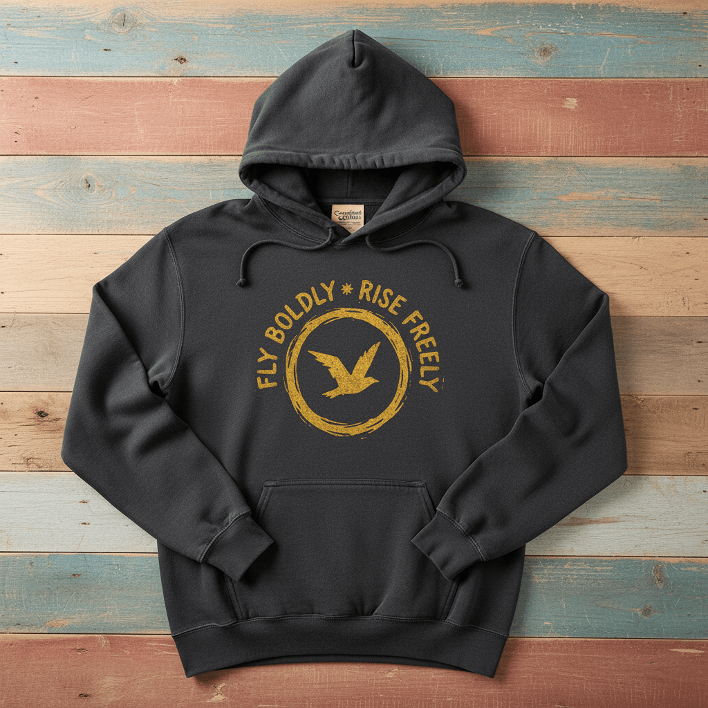 Charcoal Fly Boldly Rise Freely hoodie flat lay on weathered driftwood planks