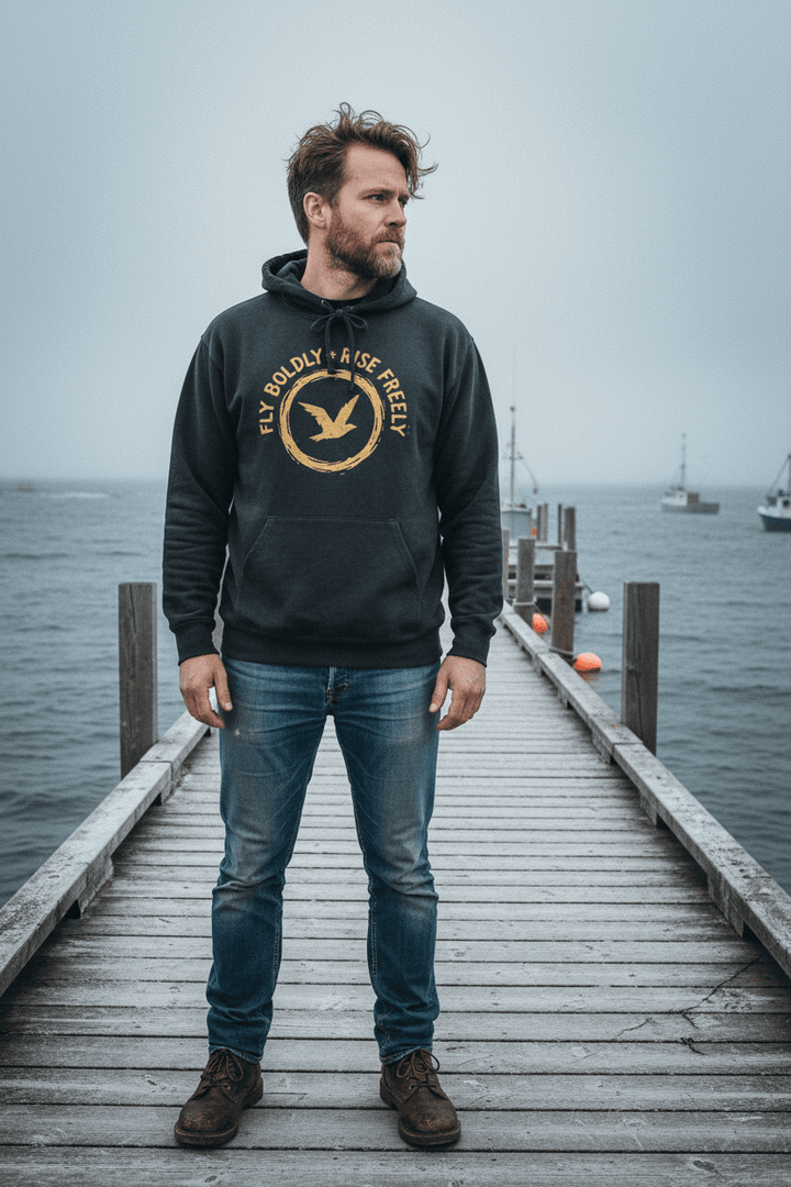 Male model wearing charcoal Fly Boldly hoodie on Maine coastal dock in winter