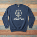 Denim Galveston sweatshirt front with Ferris wheel and Galveston lettering on weathered driftwood boards