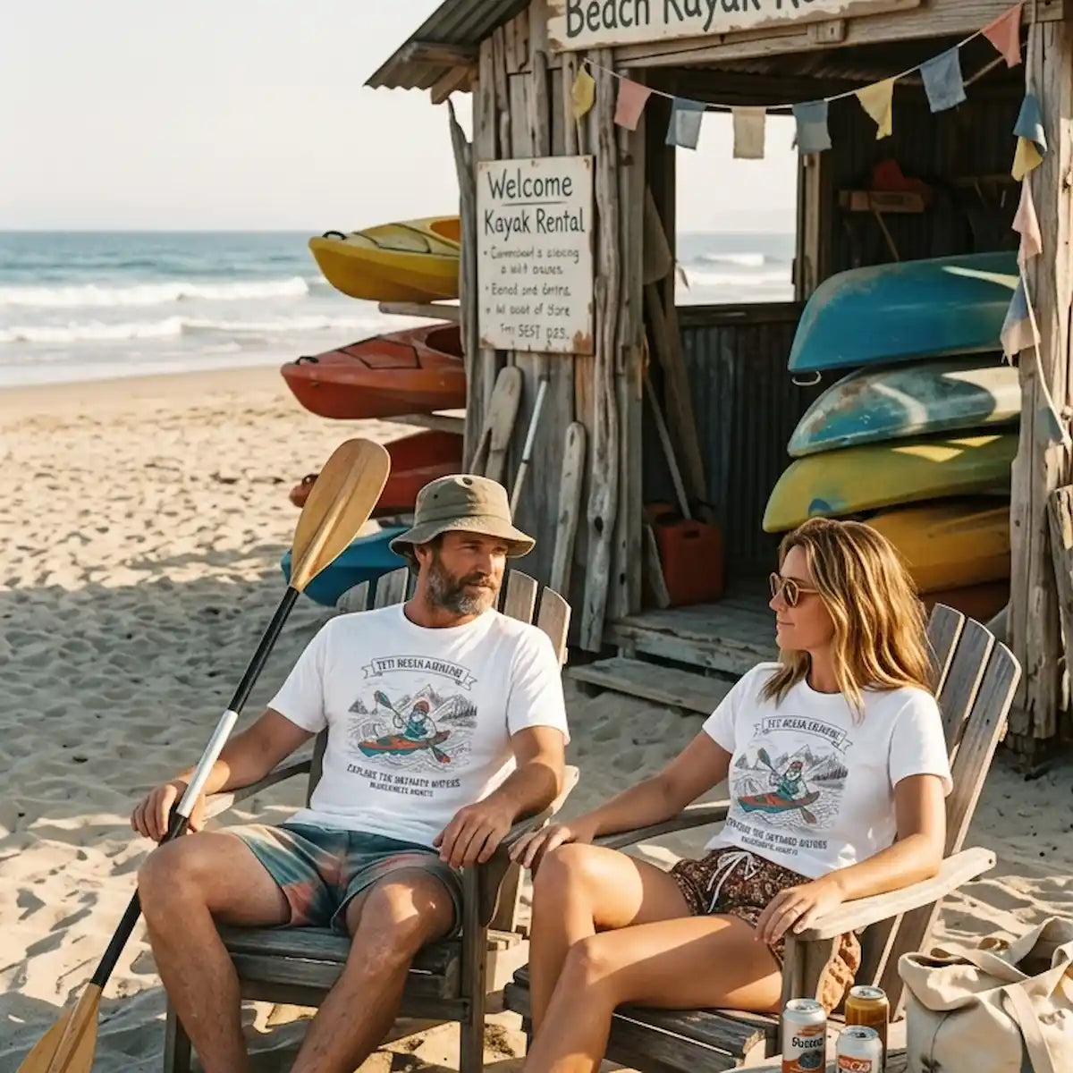 A man and a woman sit in wooden chairs on a sandy beach in front of a rustic kayak rental shack. Both are wearing matching white graphic t-shirts.