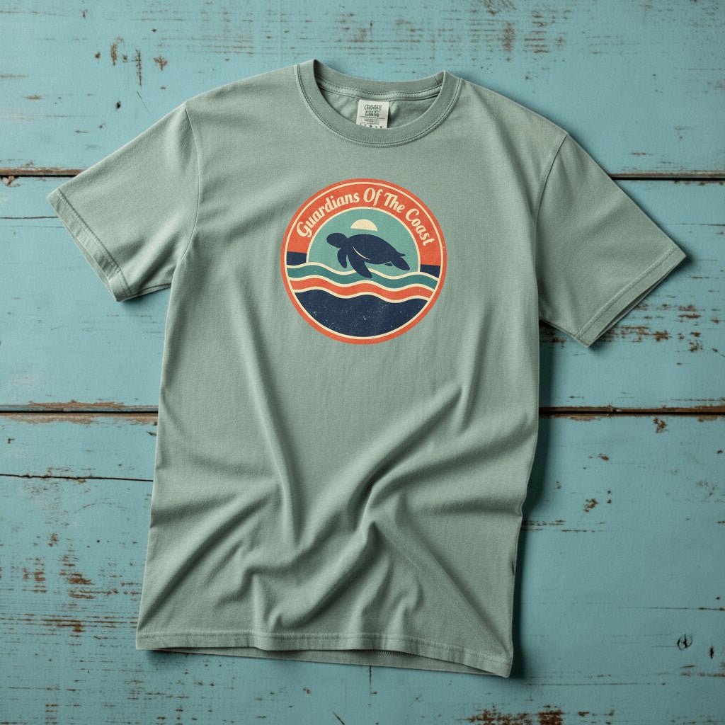 Guardians of the Coast Turtle Retro Badge bay garment-dyed tee on faded driftwood planks