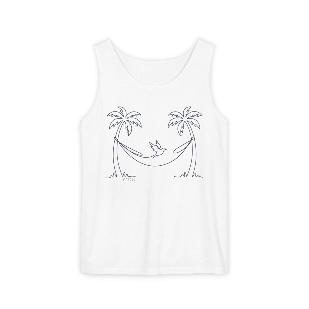 Hammock Palm Tank | Garment-Dyed Coastal Line Art Graphic Tank Top - FIVE TIDES APPAREL