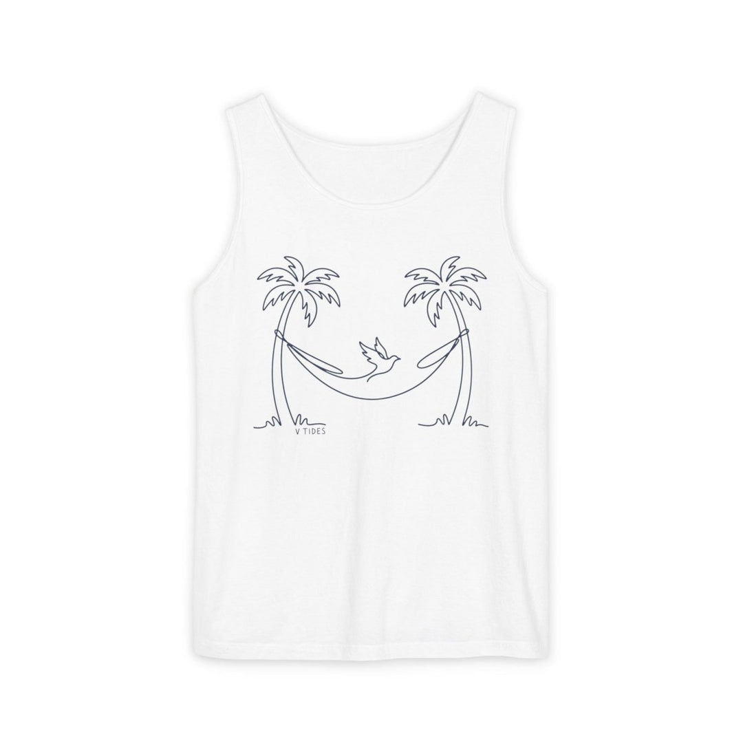 Hammock Palm Tank | Garment-Dyed Coastal Line Art Graphic Tank Top - FIVE TIDES APPAREL