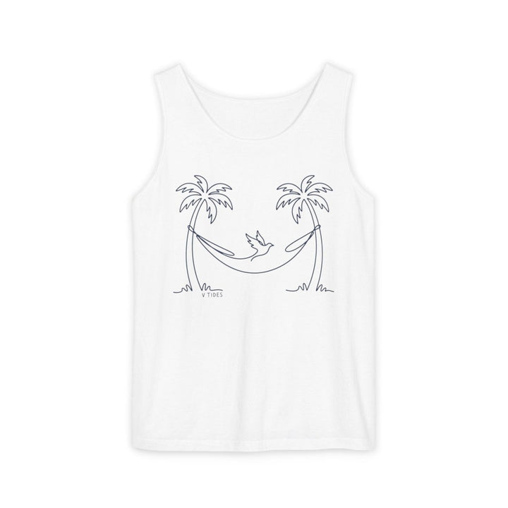 Hammock Palm Tank | Garment-Dyed Coastal Line Art Graphic Tank Top - FIVE TIDES APPAREL