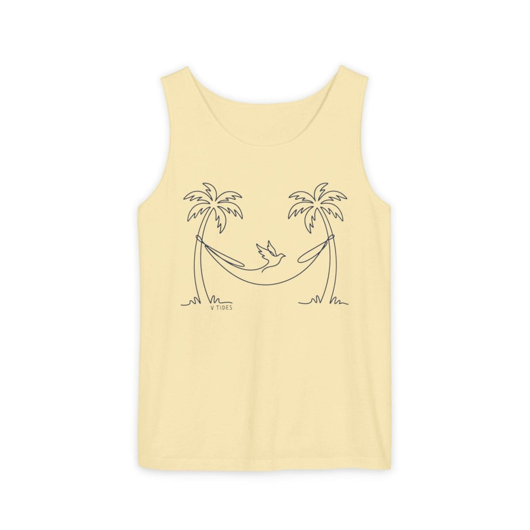 Hammock Palm Tank | Garment-Dyed Coastal Line Art Graphic Tank Top - FIVE TIDES APPAREL