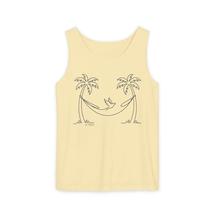 Hammock Palm Tank | Garment-Dyed Coastal Line Art Graphic Tank Top - FIVE TIDES APPAREL