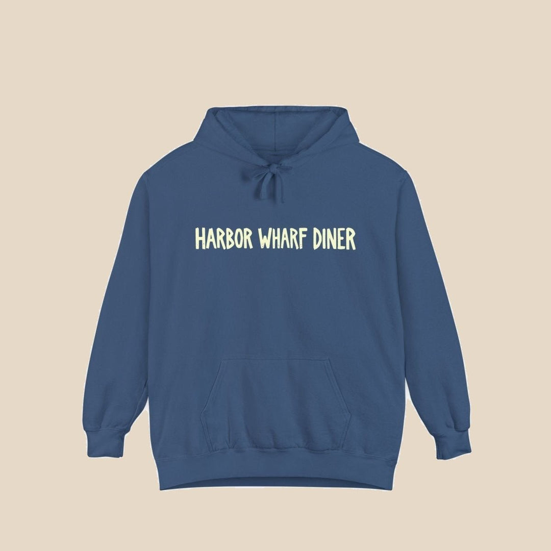 Harbor Wharf Diner true navy hoodie front view — Harbor Wharf Diner graphic pullover by Five Tides Apparel