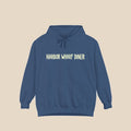 Harbor Wharf Diner true navy hoodie front view — Harbor Wharf Diner graphic pullover by Five Tides Apparel