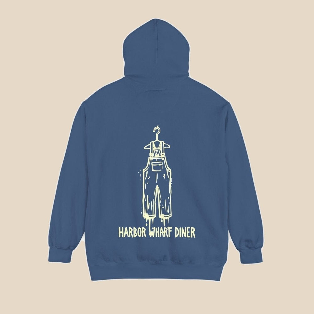 Harbor Wharf Diner navy hoodie flat lay — retro graphic pullover by Five Tides Apparel