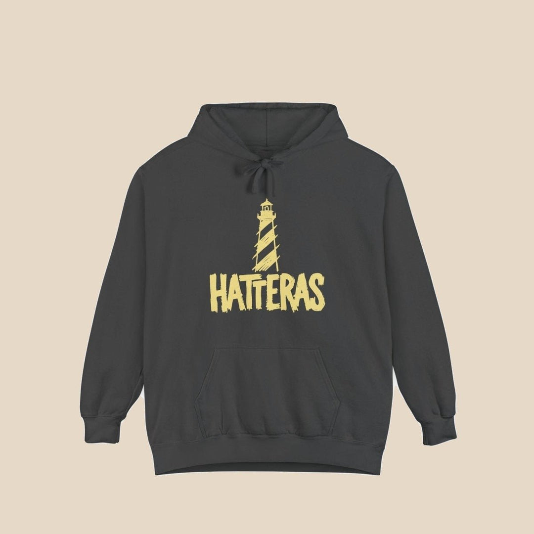 Hatteras Lighthouse hoodie — front view of this coastal graphic pullover by Five Tides Apparel