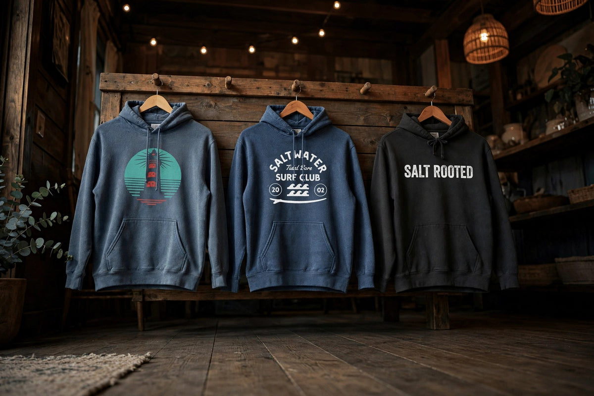 Five Tides garment-dyed hoodies hanging on a rustic wood wall in warm light